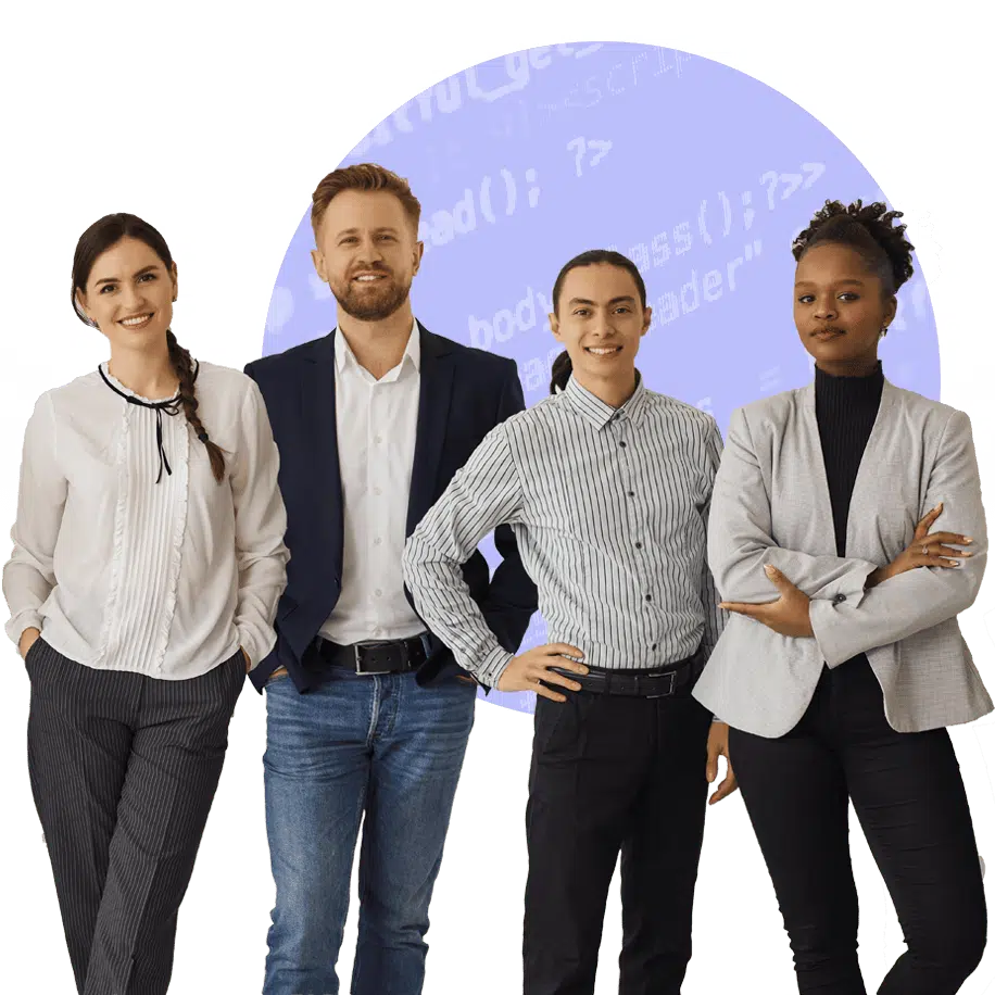 four people standing dressed professionally