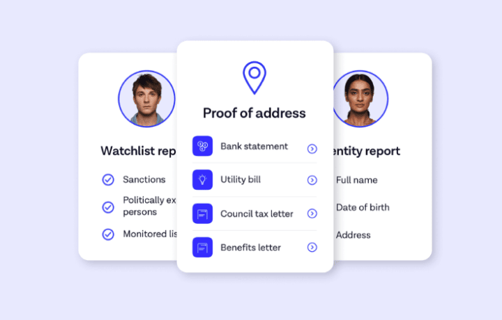 Image of 3 screens: Waitlist, Proof of Address and identity report