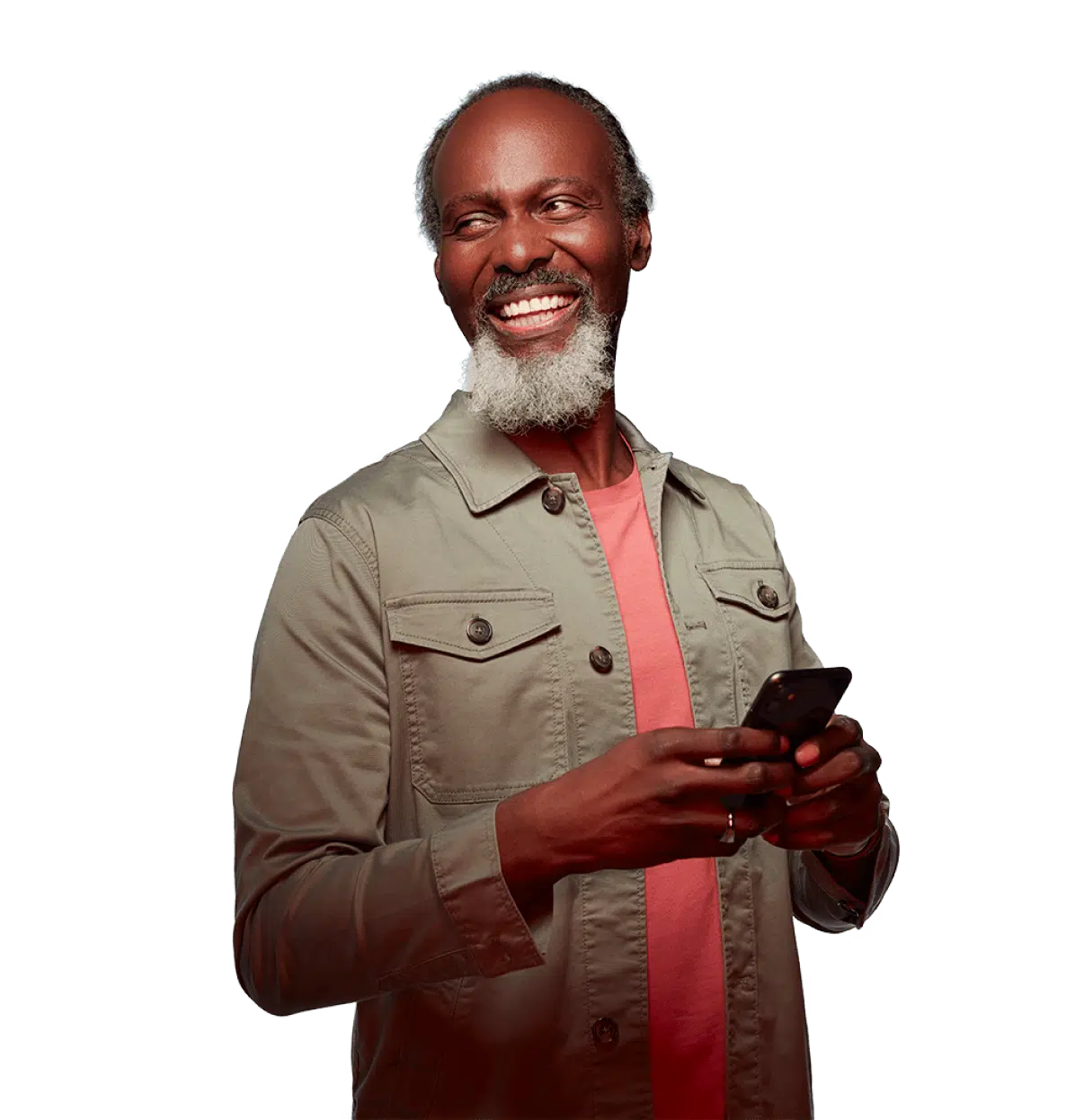 man smiling standing with phone