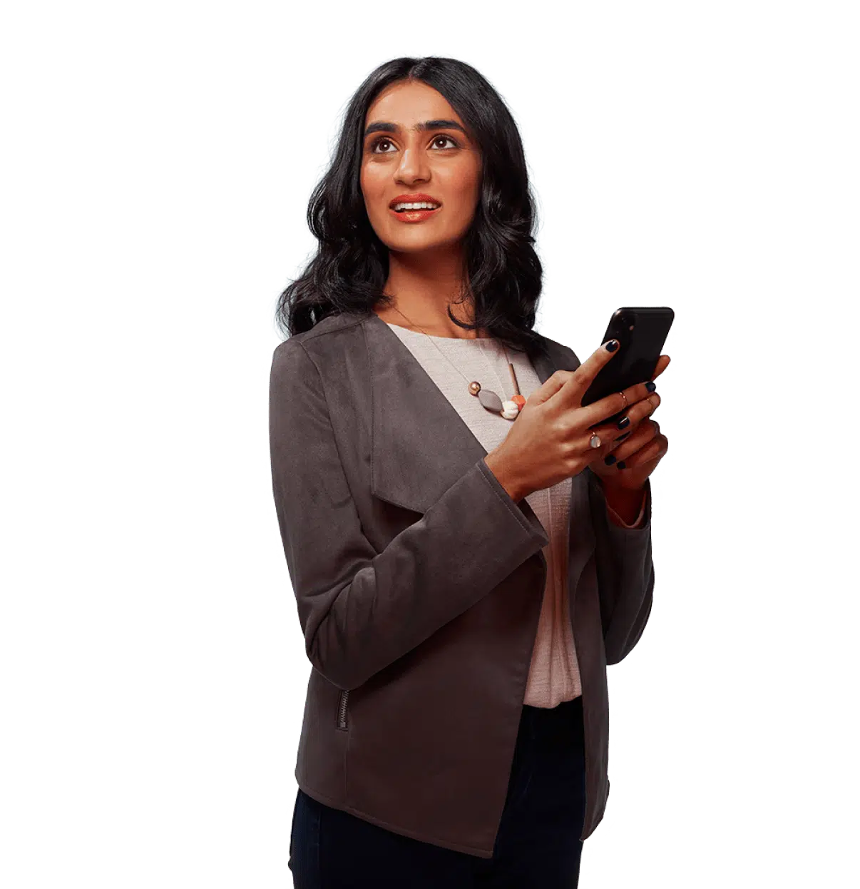 woman standing with phone