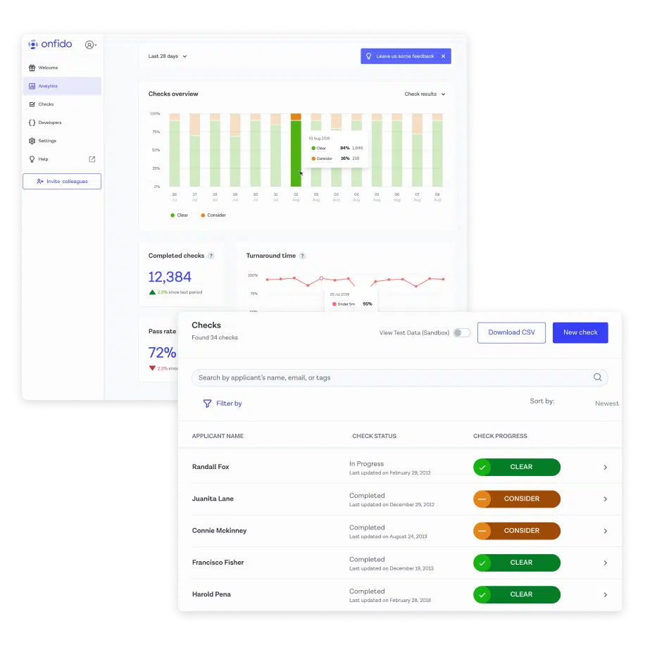 snapshots of onfido dashboard