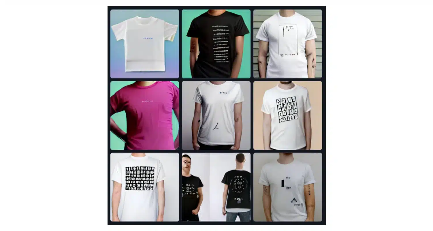 A series of images of T-shirts with illegible writing on them, generated by DALL-E