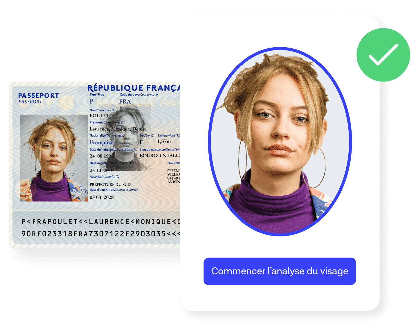 Un demandeur passant la vérification d'identité à l'aide d'un document et d'un contrôle biométrique.