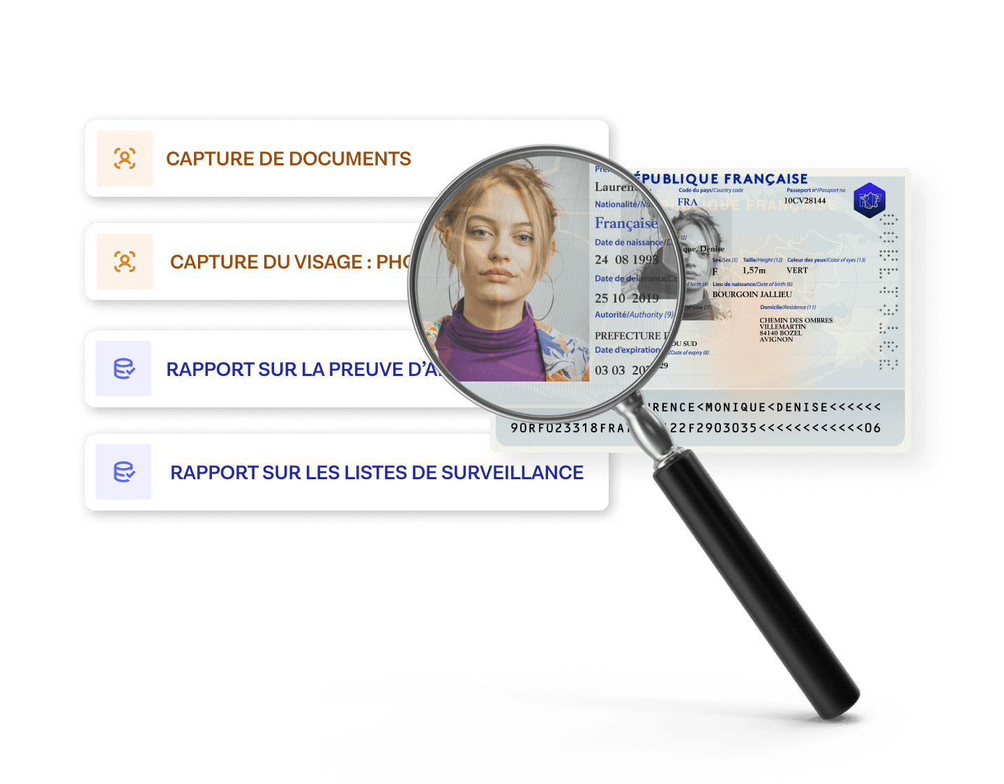 Un document d'identité en cours d'examen et de comparaison avec les listes biométriques et de sanctions.