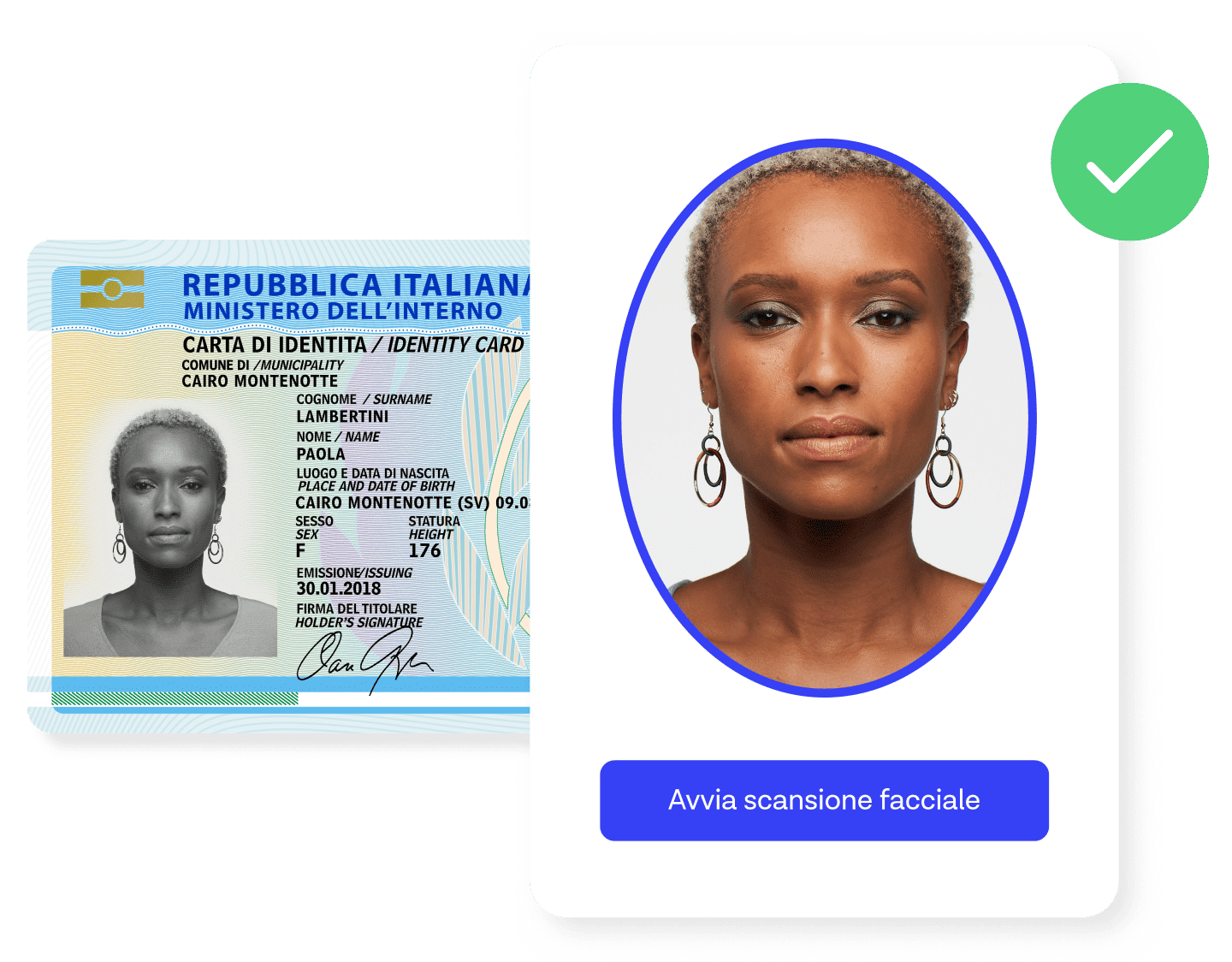 Una richiedente che supera la verifica di identità utilizzando un documento e il controllo biometrico.