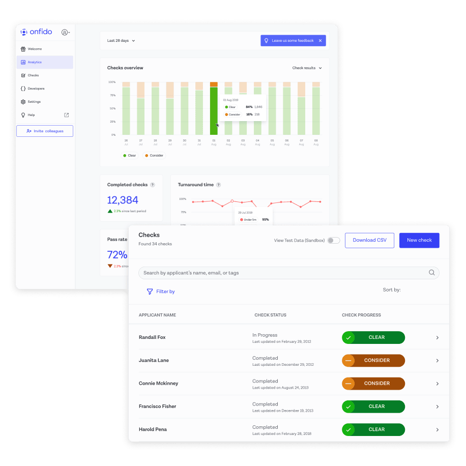La dashboard di Onfido che mostra risultati e analisi.