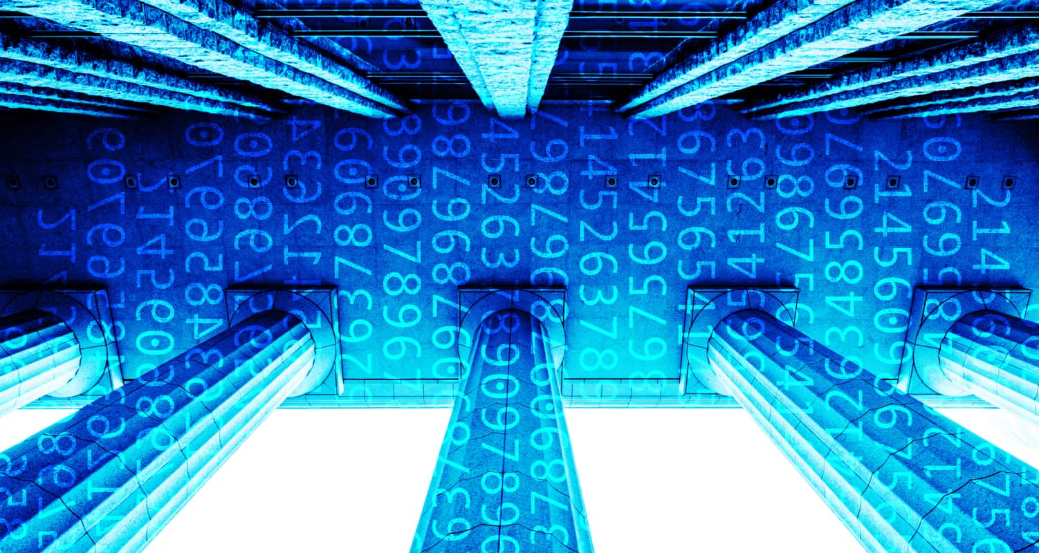 AI and national security header image binary digits on pillars in blue