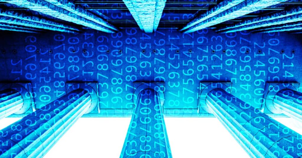 AI and national security featured image binary digits on pillars in blue